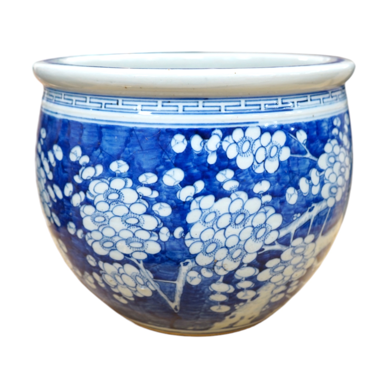 A large Chinese blue and white prunus flower planter, 32cm in diameter. Condition - fair to good